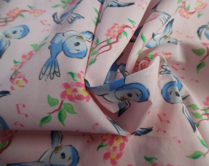 Vintage Nursery Print~Bluebirds~Pink & Blue~Custom Printed~12"x27"~Doll Fabric