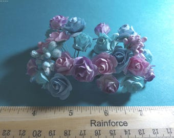 Mulberry Paper Roses and Stamens~Soft Pastel Assortment~26 Pieces~Great For Doll Hats!