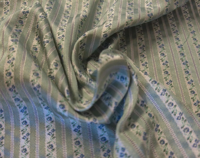 100% Silk Brocade~Miniature Scale~Floral Ticking Stripes~Blue/Green/Pearl~19"x20"~Japan
