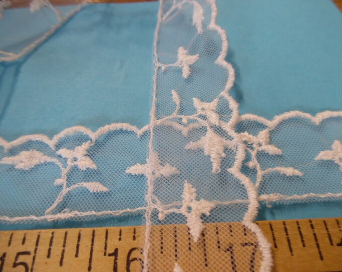 Vintage Embroidered Net Lace~1950's~White~1"wide x 2 Yards~Doll Trim