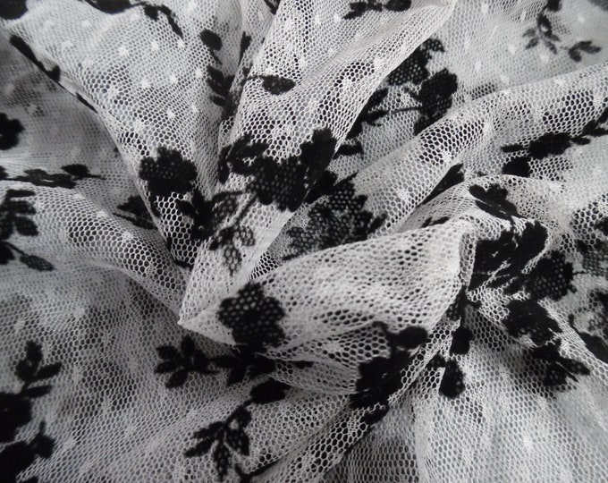 REDUCED! Soft De Lis Netting~Nylon~White with Flocked Black Floral Vines~12"x60"~Doll Fabric~Read Description!