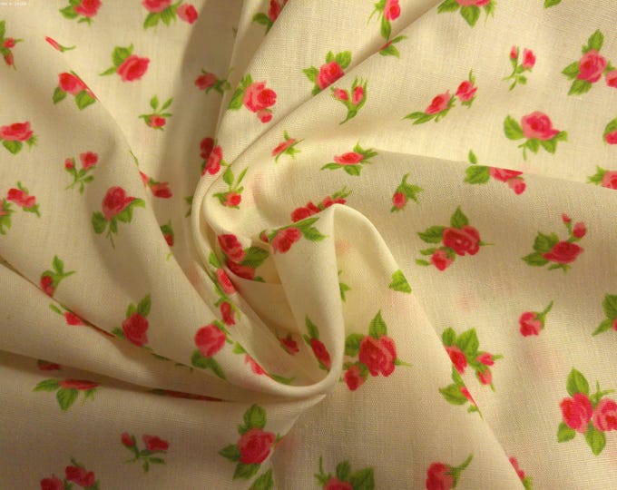 1970's Cotton Lawn~Bright Pink Scattered Roses on Off White~12"x46"~Semi Sheer