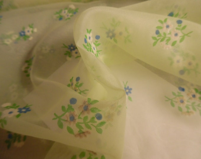 Vintage Flocked Sheer Nylon~White Floral on Yellow~Sheer~12"x45"~Spring Dresses for Dolly