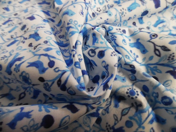 Miniature Blue Bird Print Cotton Lawn~Blue & White~Custom Printed~12"x27"~Doll Fabric