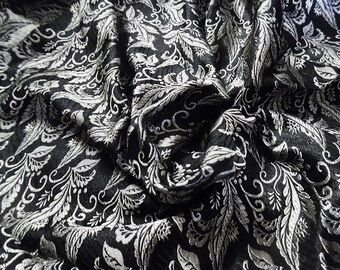 100%Silk Jacquard Brocade~India~Leaf Design~Pearl on Black~12"x22"~Doll Fabric