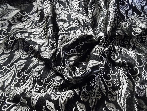 100%Silk Jacquard Brocade~India~Leaf Design~Pearl on Black~12"x22"~Doll Fabric
