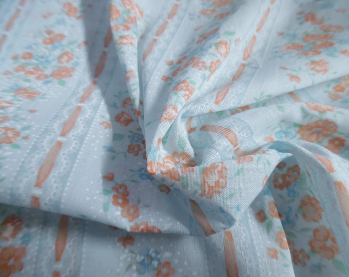 Vintage Floral Stripes~Cotton Blend~Aqua/Peach/Blue~Lt.Weight~Semi Sheer~Crisp~12"x45"