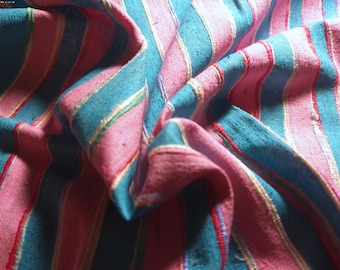 ONLY PIECE! Textured Raw Silk~Bright Stripes~Pink/Blue~17"x25"~Doll Fabric