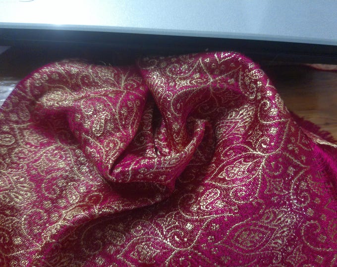 ONLY PC! Silk Brocade~India~End Piece~Magenta/Gold/Pearl~7"x44"~Doll Fabric~Miniatures