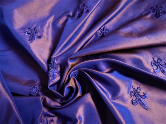 LAST! Embroidered High End Silk~Fluer De Lis~Royal Purple/Dk.Gold~13"x27"~Doll Fabric