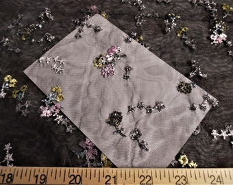 BASEMENT BARGAIN! Embroidered Netting~Tiny Multi Colored Floral on Black Backgound~18"x30"~Doll Fabric~Overlays