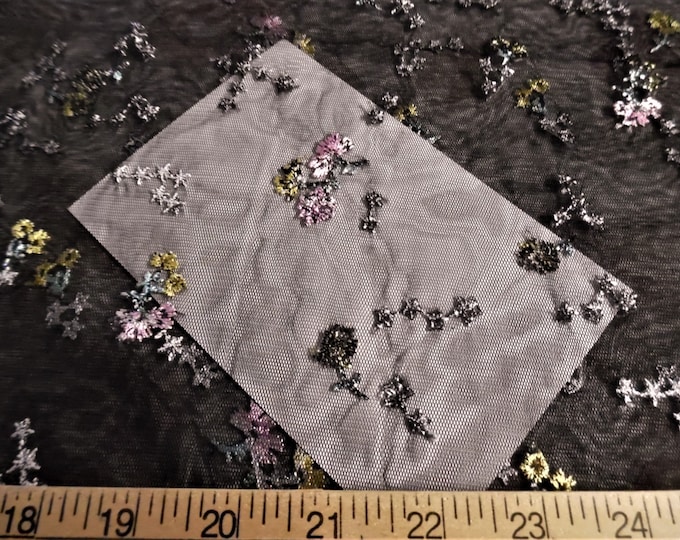 Embroidered Netting~Tiny Multi Colored Floral on Black Backgound~18"x30"~Doll Fabric~Great For Overlays~Flapper