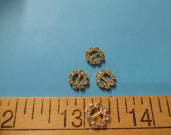 Tiny Rhinestone Doll Buckles~3/8" Round~Gold Setting~Set of 4~Great for Barbie!