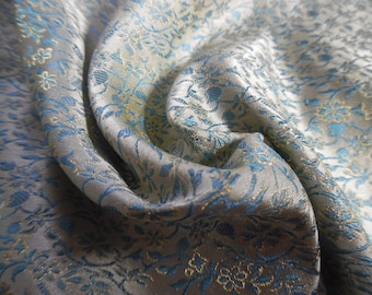 100%Silk Jacquard Brocade~India~Aqua/Gold/Pearl~9"x22"~Doll Fabric~Miniatures