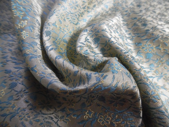 100%Silk Jacquard Brocade~India~Aqua/Gold/Pearl~9"x22"~Doll Fabric~Miniatures