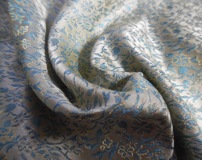 100%Silk Jacquard Brocade~India~Aqua/Gold/Pearl~9"x22"~Doll Fabric~Miniatures