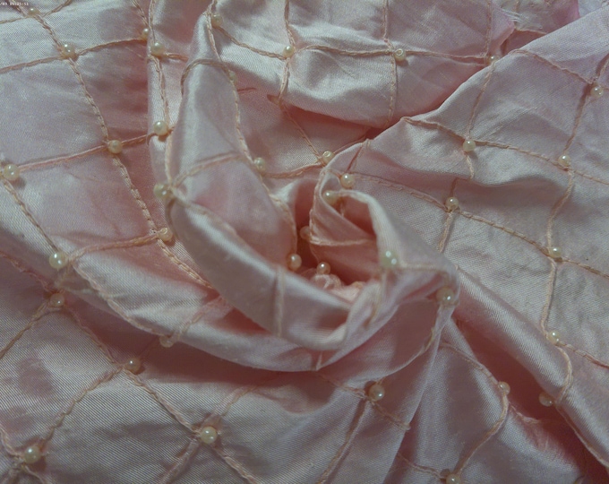 LAST! Embroidered Windowpane Silk With Pearls~Baby Pink~12"x25"~Doll Fabric