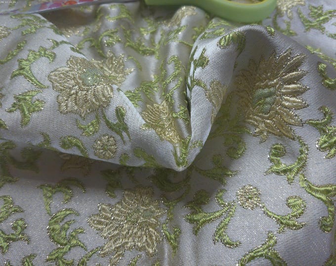 ONLY PC! Vintage Rayon Satin Brocade~Floral~Green/Yellow/White~12"x40"~Doll Fabric