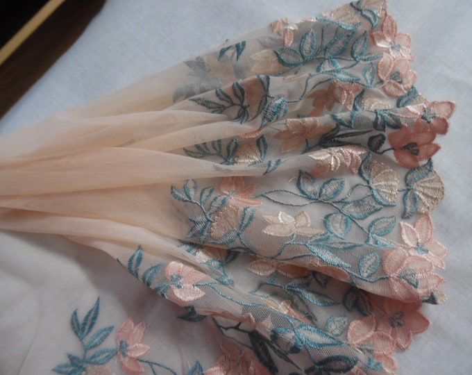 Embroidered Soft Netting~Shades of Peach & Jade~10"x36"~Overlays~Doll Fabric~Flapper