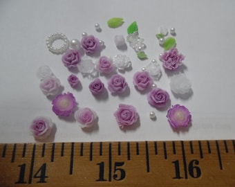 Tiny Resin Roses~Assorted Shades of Lavender/White +Pearls/Leaves/Chrystal Pcs~20+pc's~Adornments