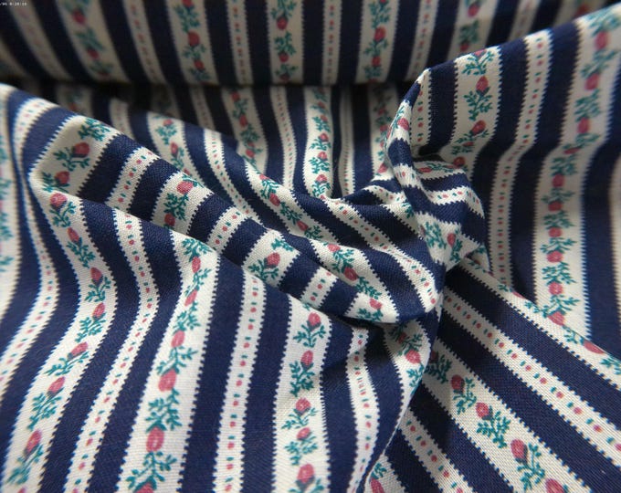 Vintage Cotton~Fabric Traditions~Floral Ticking Stripe~Pink Rosebuds/Navy Stripes~12"x46"