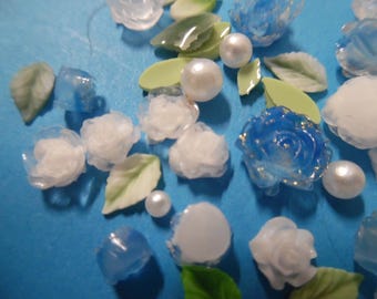 Tiny Resin Roses~Assorted Shades of Blue/White +Pearls/Leaves/Chrystal Pcs~20+pc's~Adornments