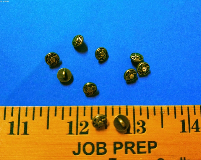Tiny metal shank doll buttons~Floral Design~Antique Gold~7MM~Set of Ten~Modern, Antique & Vintage Dolls