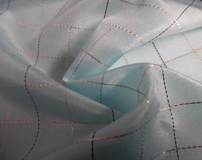 LAST! Vintage 1960's Rayon Taffeta~Lt. Aqua Windowpane~Silver Glitz~12"x44"~Semi Sheer~Doll Fabric