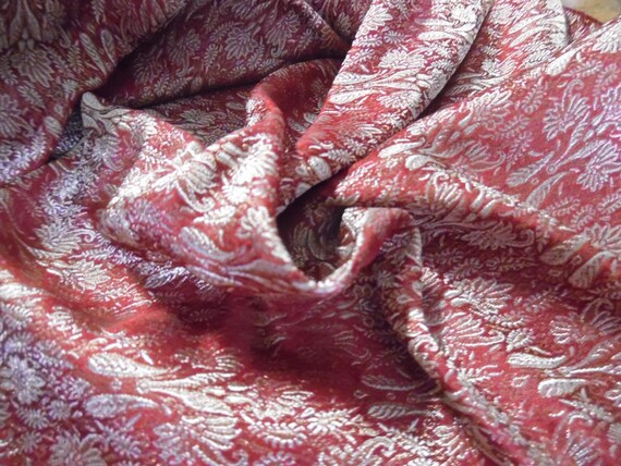 100%Silk Jacquard Brocade~India~Burgundy/Pearl~9"x22"~Doll Fabric~Miniatures