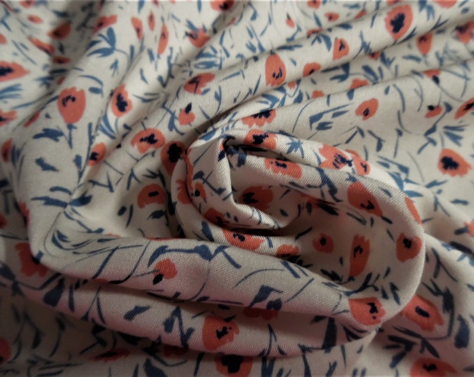 BASEMENT BARGAIN! Tiny Poppy Print Rayon Voile~Coral/Blue/Cream~11"x56"