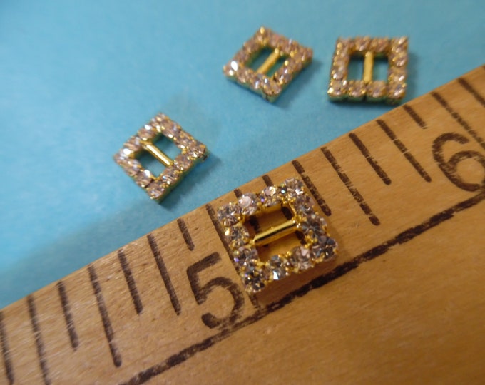 Rhinestone Doll Buckles~Glass Stones/Gold Setting~Square~3/8"x3/8"~Set of 4