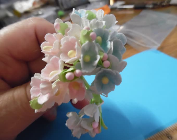 Tiny Old Fashioned Flocked Flowers~Baby Pink/Baby Blue Combo~8 Stems~Great For Doll Hats!