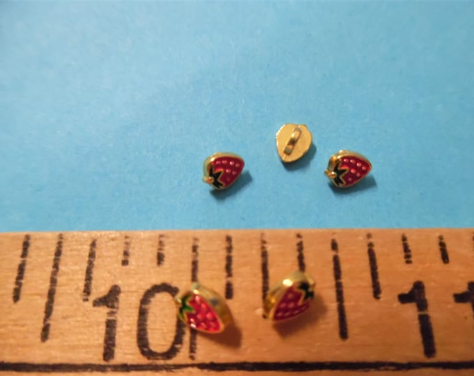 Itty Bitty Strawberry Doll Buttons~Enameled Metal Shanks~Set of Five~Modern, Antique & Vintage Dolls