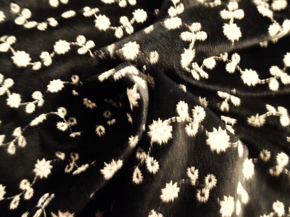 Embroidered Micro floral Velveteen~Ivory on Black~12"x29"~Doll Fabric~Light Weight