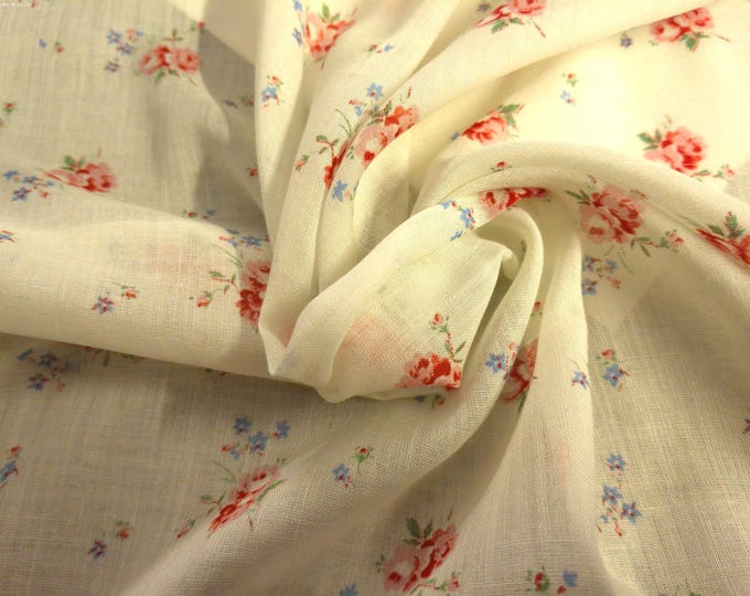 Vintage 1950's Cotton Voile~Tiny Red Roses on White~12"x36"~Semi Sheer