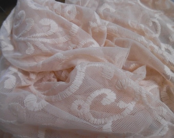 BASEMENT BARGAIN! Embroidered Floral Scroll Soft Nylon Netting~Peach~28"x29"