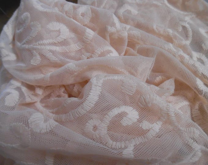 BASEMENT BARGAIN! Embroidered Floral Scroll Soft Nylon Netting~Peach~28"x29"