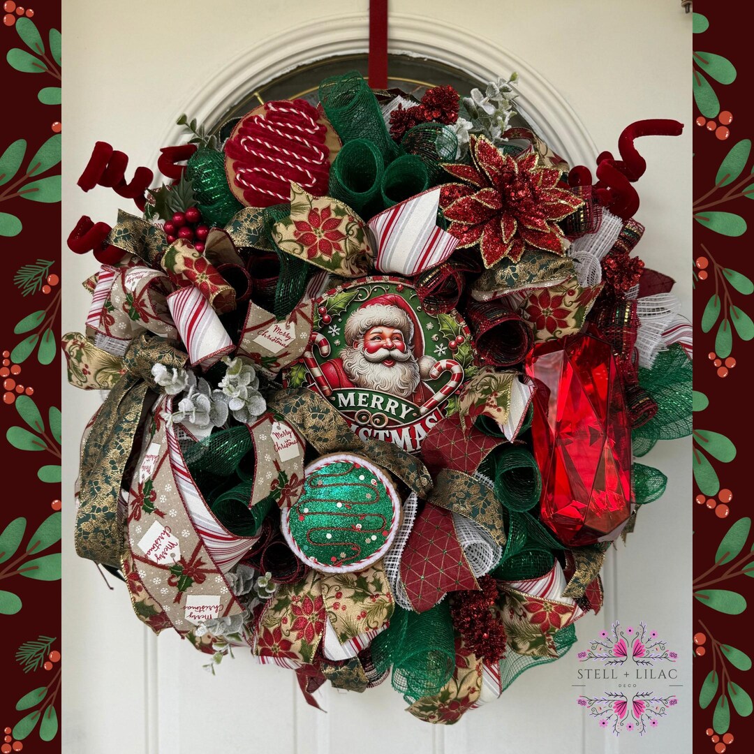 Christmas Wreath Retro Green Red Santa With Santas Cookies & Red Gem ...