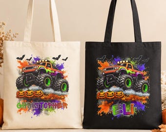 Personalized Monster Truck Trick or Treat Bag, Halloween Candy Tote for Kids