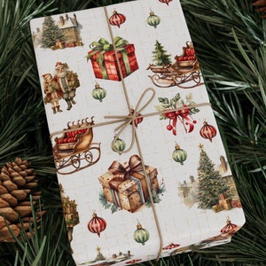 Festive Christmas Wrapping Paper, Holiday Sleighs, Presents & Trees, Gift Wrap for Christmas, Retro Style Wrapping Paper