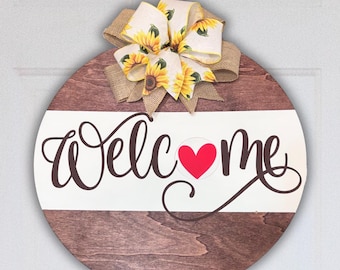 Front Door Decor, Interchangeable Welcome Sign, Seasonal Wooden Door Hanger, Personalized Sign, Year Round Wreath, Sunflower Door Decor