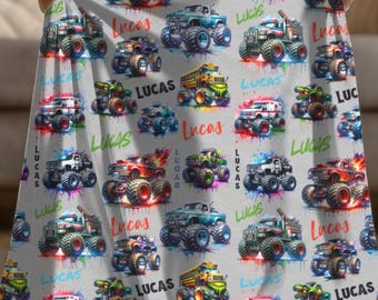 Personalized Monster Truck Blanket – Custom Name Gift for Boys