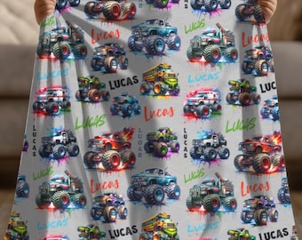 Personalized Monster Truck Blanket – Custom Name Gift for Boys