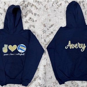 Personalized Peace Love Volleyball Hoodie, Custom Volleyball Sweatshirt for Players and Fans, Sports Gift for Teens and Adults