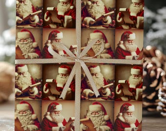 Papel de embrulho estilo vintage com o Papai Noel, papel de presente natalino retrô, papel clássico de Natal.