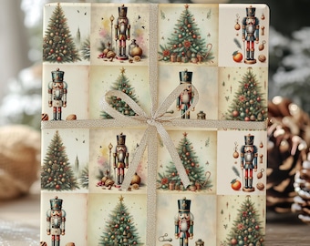 Nutcracker Wrapping Paper, Vintage Style Christmas Tree Gift Wrap, Retro Holiday Paper