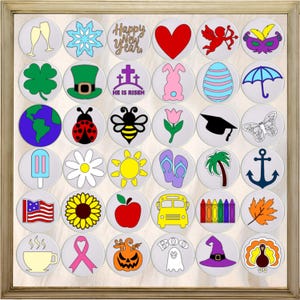 May include: A set of 36 round, white, vinyl stickers with various holiday and seasonal designs. The stickers feature images such as a snowflake, a heart, a shamrock, a graduation cap, a sunflower, a pumpkin, and a turkey.