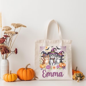 Personalized Halloween Tote Bag with Cats, Custom Name Trick or Treat Bag, Cute Witch Cat Pumpkins Fall Tote, Halloween Gift for Cat Lovers