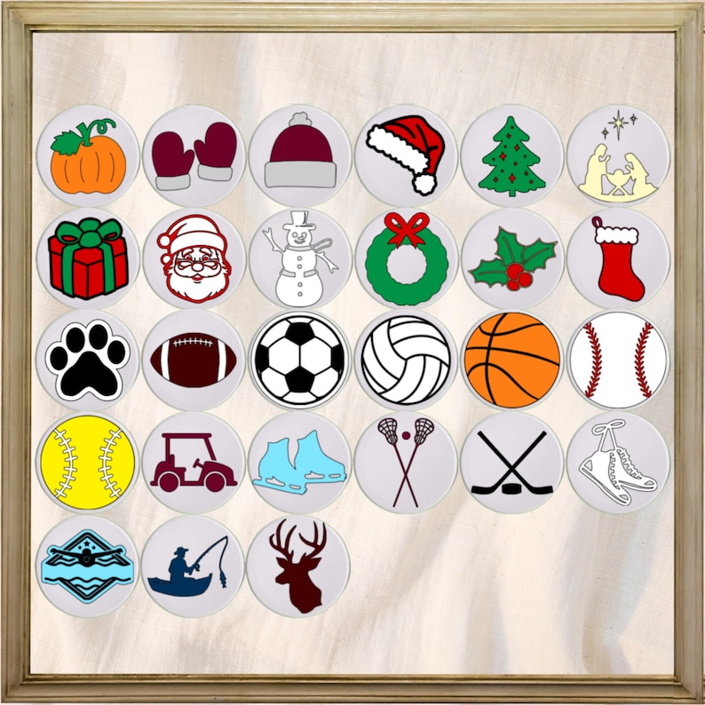 May include: A set of 24 round white stickers with various holiday and sports themed designs. The designs include a pumpkin, mittens, a Santa hat, a Christmas tree, a nativity scene, a gift box, Santa Claus, a snowman, a wreath, holly, a stocking, a paw print, a football, a soccer ball, a volleyball, a basketball, a baseball, a softball, a golf cart, ice skates, lacrosse sticks, hockey sticks, ice skates, a pool, a fishing rod, and a deer.