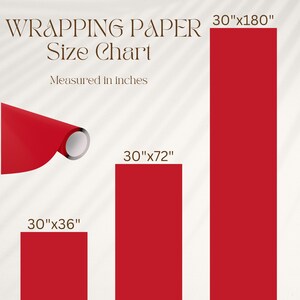 May include: A wrapping paper size chart with the text WRAPPING PAPER Size Chart and Measured in inches. It displays three red rectangular paper sections with dimensions 30"x36", 30"x72", and 30"x180", alongside a red paper roll icon.